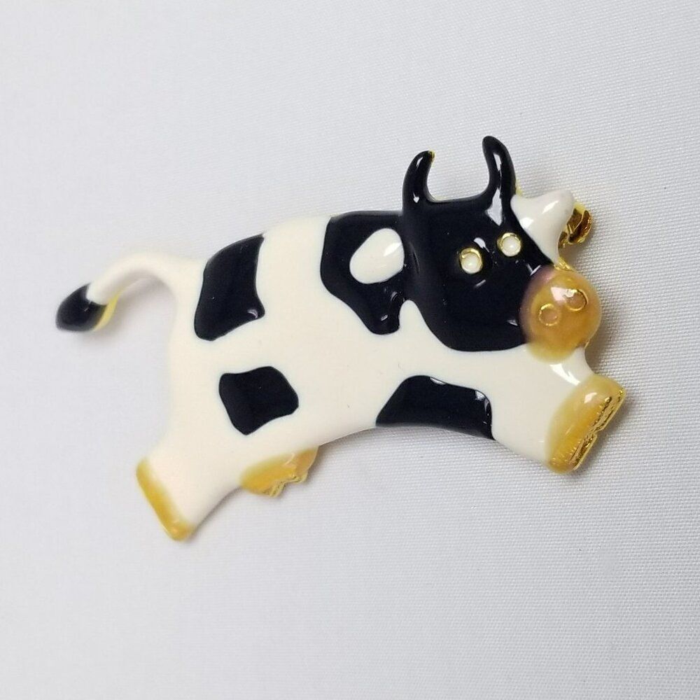Vintage Cow Brooch, Leaping Black and White Spotted Enamel Lapel Pin, Estate - Picture 3 of 7